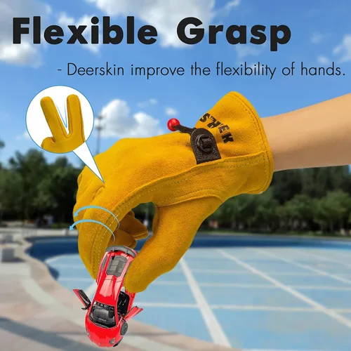 Miniatura 4 de Guantes de trabajo para niños de 2 a 14 años, extra suaves de ante de ciervo, duraderos, flexibles, guantes genuinos de cuero para niños