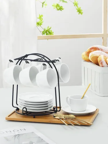 Miniatura 4 de Tazas de café de 4 onzas con platillos y soporte de metal, cucharas, tazas de café apilables de porcelana, tazas Demitasse, perfectas para expreso