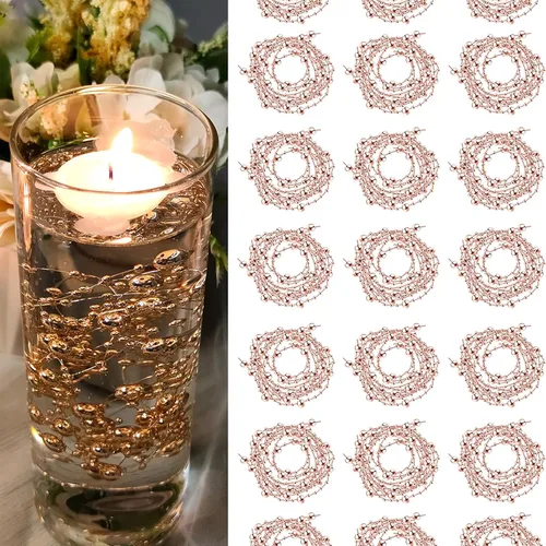 Relleno de Jarrón Dorado Rosa para Velas Flotantes, Cuerdas de Cuentas de Perlas Falsas Cortables de 94 pies, Relleno para Jarrones Cilíndricos,