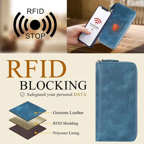 Miniatura 25 de VISOUL Cartera larga de cuero con cremallera para hombres y mujeres con bloqueo RFID, cartera larga de embrague grande con cremallera, Negro