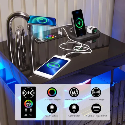 Miniatura 5 de HNEBC Mesita de noche LED, mesita de noche negra con estación de carga, USB + tipo C + carga inalámbrica, mesita de noche inteligente con sensor