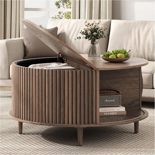 Miniatura 14 de SULIVES Mesa auxiliar ovalada con almacenamiento, mesa de centro multifuncional con tambor elevable, pequeña mesa central acanalada para sala
