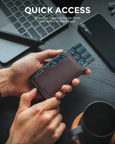Miniatura 2 de VULKIT Tarjetero con ventana de identificación tarjetas emergentes cartera delgada de cuero con protección RFID hasta 12 tarjetas Marrón oscuro