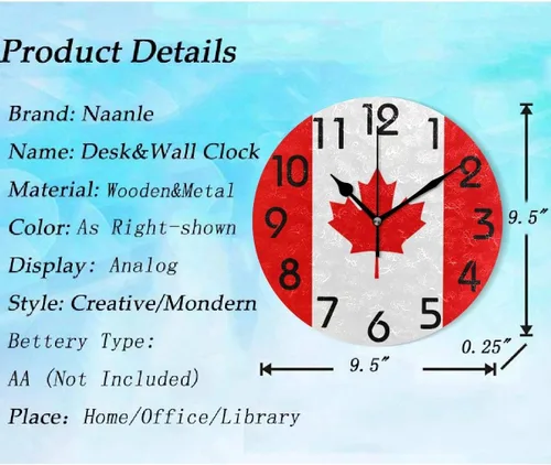 Miniatura 3 de Naanle Elegante reloj de pared redondo con estampado de bandera de Canadá, 9.5 pulgadas, funciona con pilas, reloj de escritorio analógico Coral