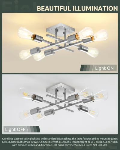 Miniatura 4 de Lámpara de techo semiempotrada de 6 luces, níquel cepillado industrial cerca del techo, moderna base E26 Sputnik lámpara de techo para cocina