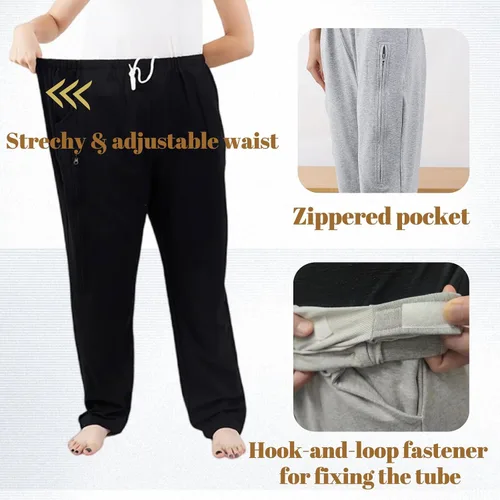 Miniatura 6 de Pantalones de catéter para hombres y mujeres, pantalones con soporte para bolsas de orina y piernas con bolsillos dobles con cremallera para dos