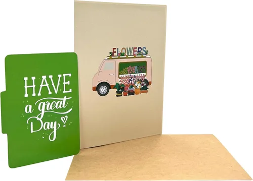 Miniatura 6 de Tarjeta de felicitación emergente con flores florecientes, furgonetas de aventura, vehículo floral, amante de la naturaleza, tema clásico