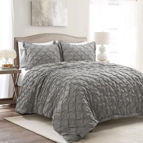 Lush Decor Ravello Pintuck - Juego de edredón suave de 3 piezas, estilo vintage, elegante, estilo granja, tamaño matrimonial/queen, gris