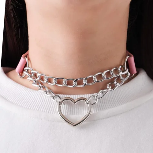 Miniatura 3 de MILAKOO Gargantilla de piel sintética punk, collar ajustable con dije de círculocorazón para mujer