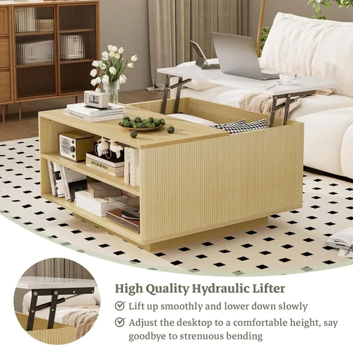 Miniatura 4 de Mesa de centro elevable con almacenamiento, mesa cuadrada central de madera natural estriada con almacenamiento abierto, mesa central para sala