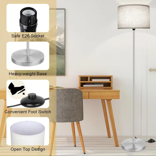Miniatura 4 de Lámpara de pie de 65’’ moderna y simple con interruptor de pie, lámpara de pie plateada para sala de estar con bombilla LED de 3 colores Plata+crema