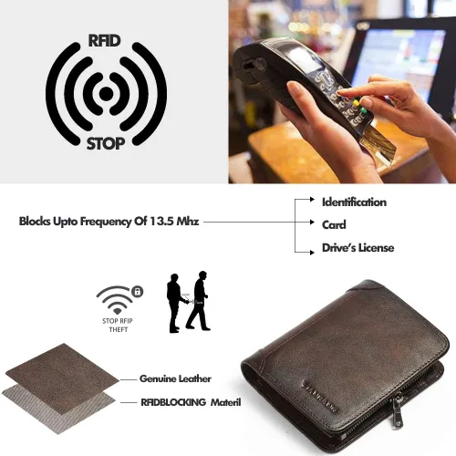 Miniatura 30 de Billetera para hombre con cremallera de cuero genuino RFID tarjeteros de piel de vaca con cremallera bolsillo para monedas, carteras plegables