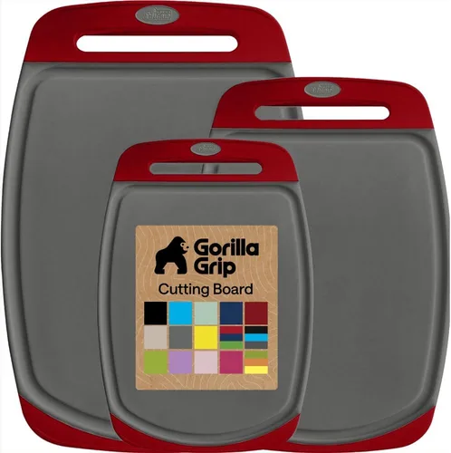 Miniatura 14 de GORILLA GRIP Juego de 3 tablas de cortar de cocina reversibles sin BPA, diseñadas en Estados Unidos, no porosas, ranuras para jugos, borde