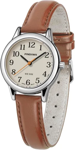 PINDOWS Relojes minimalistas para mujer, caja en tono dorado con correa de cuero negro, elegante reloj de vestir analógico de cuarzo a la moda para