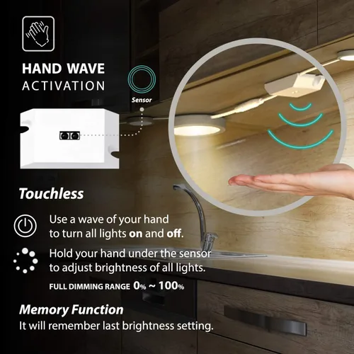 Miniatura 2 de EShine Luces de disco para debajo del gabinete con sensor de onda manual, luces LED circulares para gabinete, regulables, paquete de 12, blanco frío