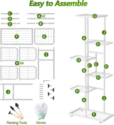 Miniatura 7 de Soporte para plantas de 6 niveles y 7 macetas para interiores con herramientas y guantes de jardinería, organizador de estantes de metal esquineros
