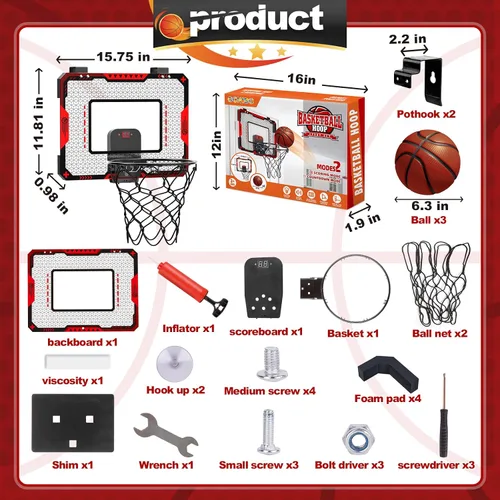 Miniatura 2 de Aro de baloncesto interior para niños de 5 a 10 años, con marcador electrónico y 3 bolas, mini aro sobre la puerta para cumpleaños de niños