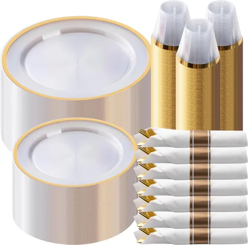 Goodluck Juego de vajilla de plástico dorado de 350 piezas para fiestas, platos desechables transparentes para 50 invitados, incluye: 50 platos de
