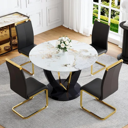 Miniatura 19 de Juego de mesa de comedor redonda para 4, mesa moderna de 48" con tapa de mármol sintético falso y pedestal brillante negro, juego de mesa de cocina
