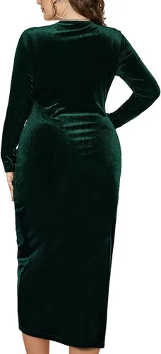 Miniatura 4 de TINSTREE Vestido ajustado de terciopelo de manga larga para mujer, talla grande, sexy, fruncido, cuello en V profundo, vestido de cóctel para fiesta