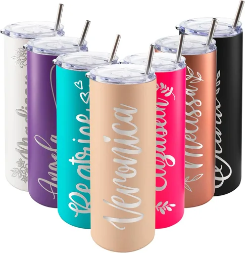 Miniatura 36 de Vasos delgados personalizados con tapa, regalos para ella de 20 onzas, rosa intenso, 12 diseños, vaso grabado personalizado con nombre, tazas Rosa