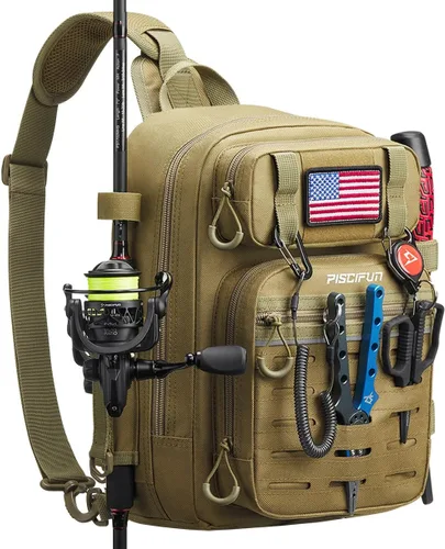 Miniatura 9 de Mochila Piscifun impermeable, de un solo hombro para almacenar los aparejos de pesca. Bolsa de correa cruzada multifuncional para camping, Doble