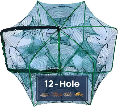 Generic Trampa de pesca plegable mejorada de 6 lados y 12 agujeros, trampa portátil para cebo de pesca para cangrejos, cangrejos de río, peces y