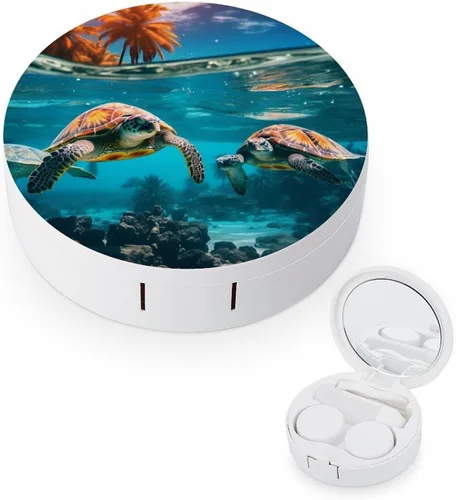 Kit de viaje con lentes de contacto de tortugas marinas y palma, portátil, bonita caja de contacto con espejo para uso diario al aire libre, estilo