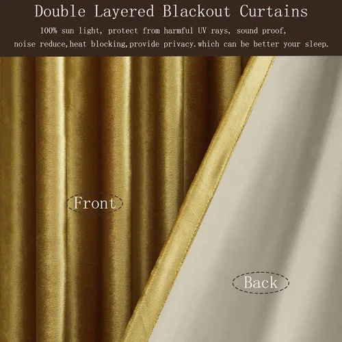 Miniatura 5 de Cortinas opacas de terciopelo dorado de 108 pulgadas para sala de estar, totalmente opacas, elegantes, 2 paneles con pestaña trasera, aislamiento