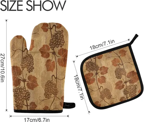 Miniatura 2 de Manoplas y manoplas de horno con textura retro, hojas de uva, antideslizantes, resistentes al calor, juego de manoplas para horno y soportes