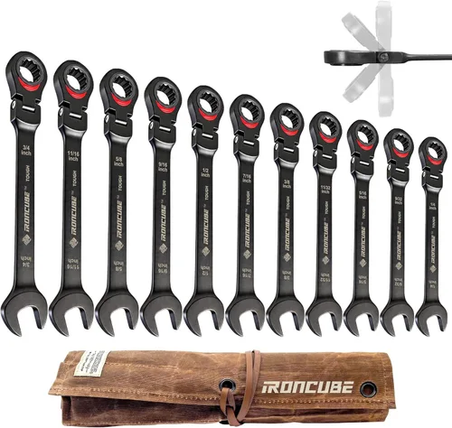 ironcube Juego de llaves de trinquete retro en negro: 11 piezas SAE 1/4–3/4 Pulgadas – Cabeza flexible de 180° & 72 dientes – Acero CR-V – Rollo de