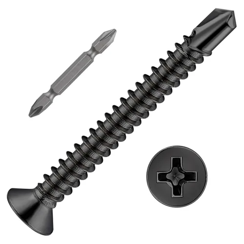 Miniatura 8 de Wensilon (300 piezas) #8×1” para chapa metálica Tornillos autorroscantes 410 de acero inoxidable negro de cabeza plana de alta resistencia Tornillos