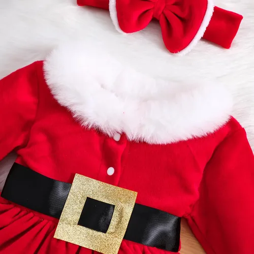 Miniatura 3 de WASAIGOOD Mameluco de Navidad para bebé niña, vestido de manga larga con ribete de piel, traje de terciopelo para Navidad, enterizo de invierno