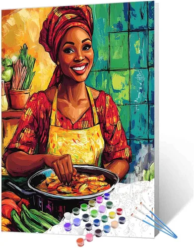 Miniatura 34 de Pintura de niña afro a la moda, kits de pintura por números, 16 x 20 pulgadas, lienzo de hojas tropicales, pintura al óleo para niños y adultos