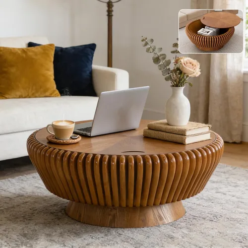 Mesa auxiliar redonda con almacenamiento, mesa de centro moderna de tambor de madera de 35.4 pulgadas con cubierta, mesa central circular acanalada,