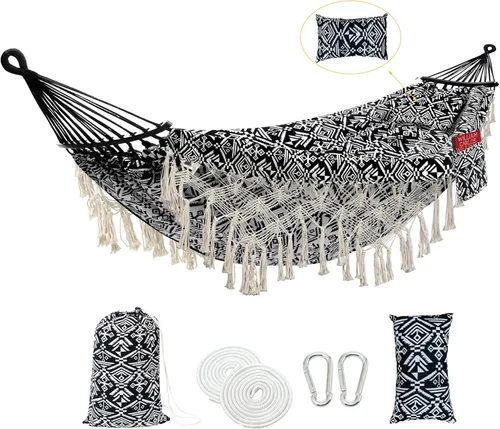 Miniatura 10 de Hamaca de interior con flecos de macramé para 2 personas, hamacas dobles bohemias con borlas, columpio portátil de cuerda de algodón hamaca