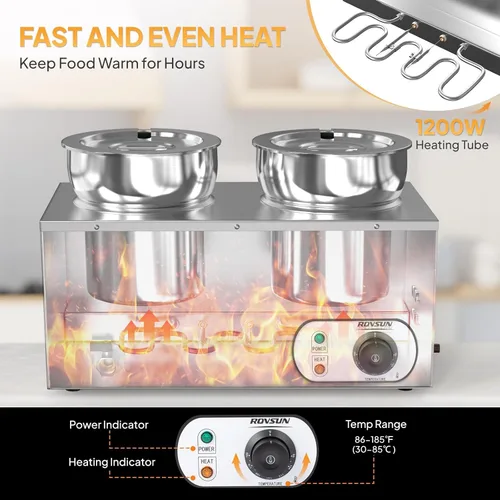 Miniatura 2 de ROVSUN Calentador de sopa eléctrico, mesa de vapor comercial de 15 cuartos de galón, encimera Bain Marie con ollas dobles de 7.4 cuartos de galón