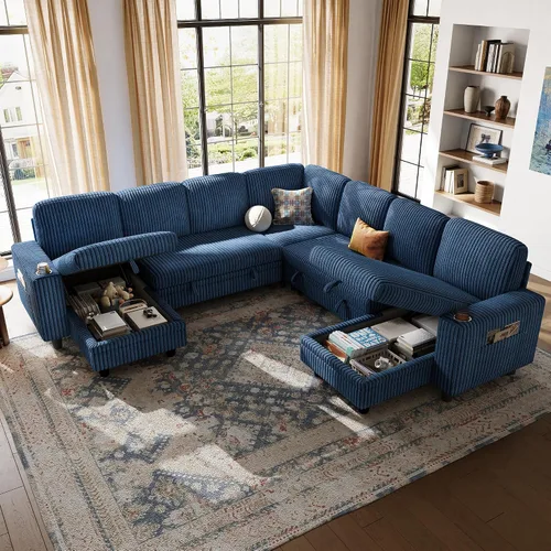 Miniatura 48 de LINSY HOME - Sofá cama seccional con sofá cama extraíble, sofá de corduroy mullido convertible en forma de nube con chaise longue de almacenamiento