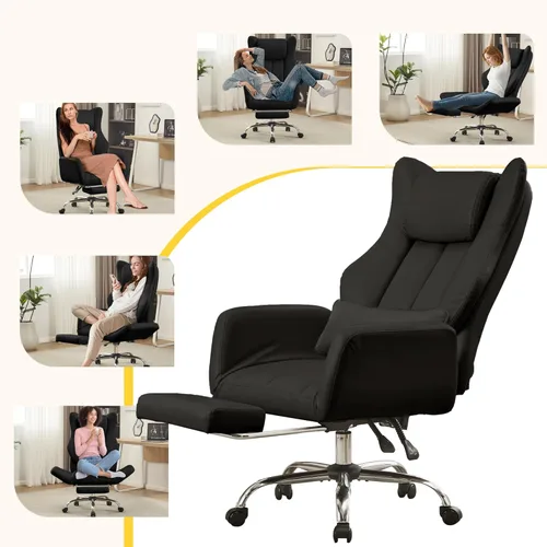 Miniatura 8 de Silla ergonómica de oficina con piernas cruzadas con reposapiés, silla ejecutiva de cuero grande y alta con apoyabrazos reversible, almohada lumbar