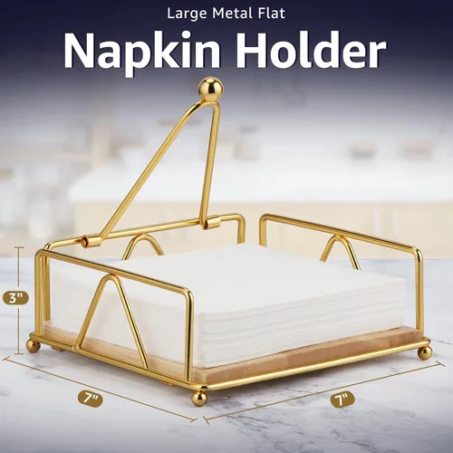 Miniatura 2 de Servilletero moderno de hierro fundido dorado con base de madera, diseño cuadrado resistente, perfecto para cocina, mesa de comedor, uso al aire