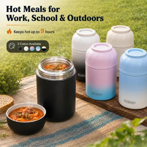 Miniatura 6 de Termo para alimentos y bebidas calientes, lonchera térmica, contenedor de alimentos aislado al vacío de 17 onzas con cuchara y bolsa con cordón