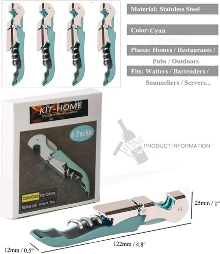 Miniatura 3 de Juego profesional de sacacorchos para camareros, llave de vino con bisagras de acero inoxidable resistente para camareros de restaurantes, Cian