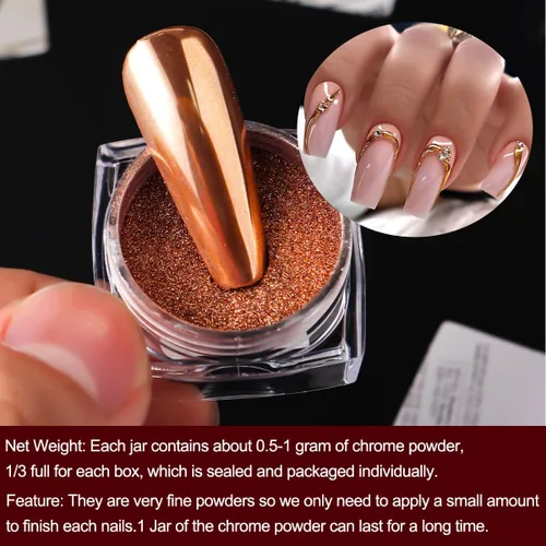 Miniatura 8 de Kit de polvo de uñas cromado de 6 colores, polvo cromado negro dorado rosa para uñas, pigmento de efecto espejo mágico, polvo metálico de frotación