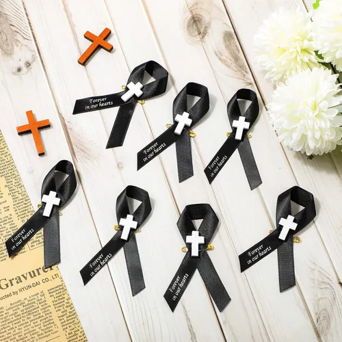 Miniatura 4 de Geosar 100 cintas funerarias conmemorativas, pasadores de cruz, lazo de respeto conmemorativo con pasadores de seguridad y cruz para el día del Negro