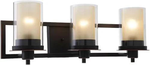 Lámpara de pared/iluminación para baño de 3 luces con acabado en bronce y vidrio ámbar transparente: Designers Impressions Juno 73473