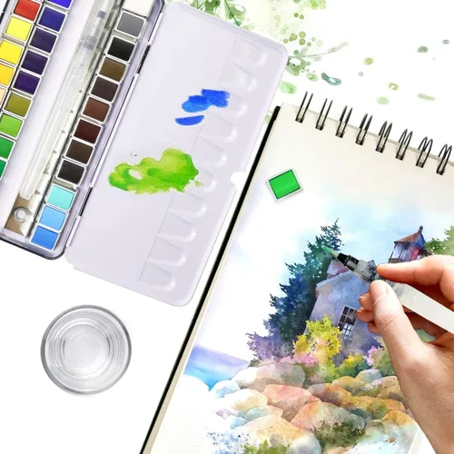 Miniatura 6 de Juego de pintura de acuarela sólida de 36 colores con cepillo de agua recargable, medias sartenes de grado artístico en caja de lata, kit