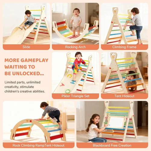 Miniatura 7 de Pikler - Juego de triángulos plegables, juguetes Montessori de escalada para niños pequeños de 1 a 3 años, gimnasio de madera para interiores