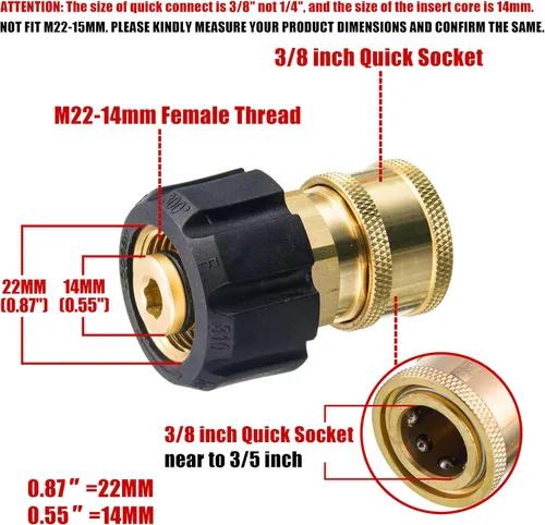 Miniatura 2 de ROYPOWER Adaptador de conexión rápida para lavadora a presión, enchufe de 3/8 pulgadas a M22 0.551 in, ajuste métrico para pistola y manguera