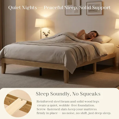 Miniatura 3 de Marco de cama tamaño Queen, marco de cama de plataforma de madera con listones y patas de madera maciza, sin ruido, no necesita somier, fácil