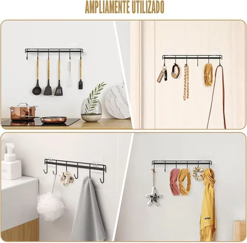 Miniatura 6 de Perchero de Utensilios de Cocina, Soporte de Utensilios Adhesivo de Pared con 12 Ganchos, Ahorro de Espacio y Sin Taladrar, Negro, 2 Piezas